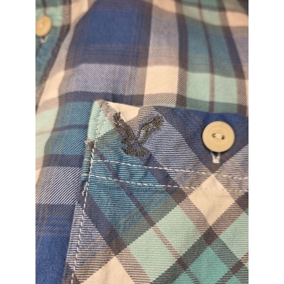 American Eagle Outfitters No77 Plaid Button-Up Shirt Blue Green XL Athletic Fit - Picture 3 of 9